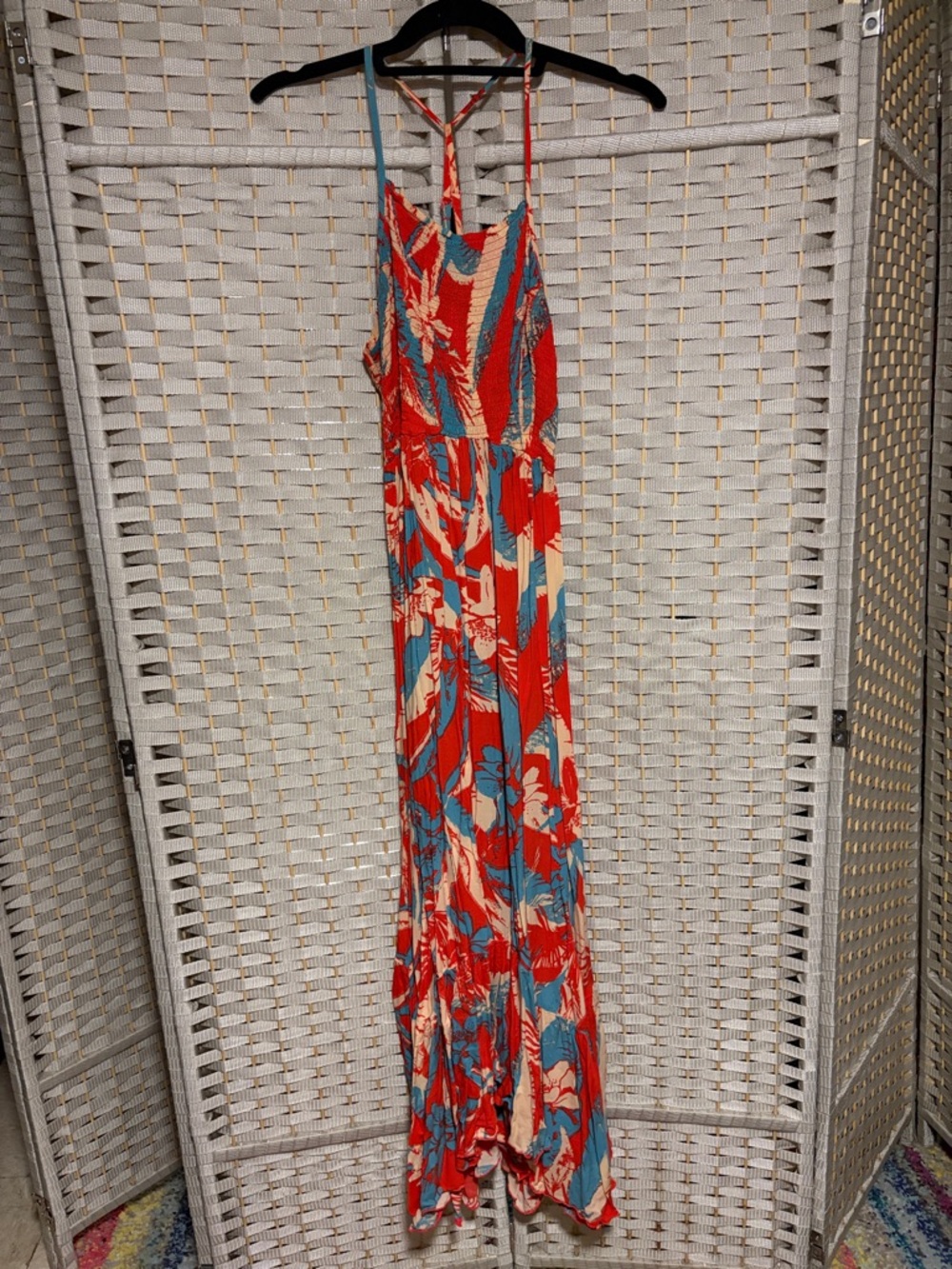Free People Red Teal Floral Halter Maxi Dress with Asymmetrical Hem